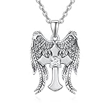 PRAYMOS Collar con cruz de alas de ángel Colgante de crucifijo de plata de ley 925 Piedra natal...