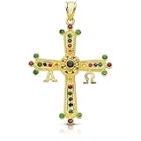 Colgante Oro 9K Cruz De Covadonga 40mm. Piedras Finas Esmeralda Rubí Zafiro Alfa Omega