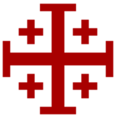 Cruz de Jerusalén de color rojo formada con cuatro cruces griegas pequeñas llamadas crucetas y una cruz potenzada en el centro.